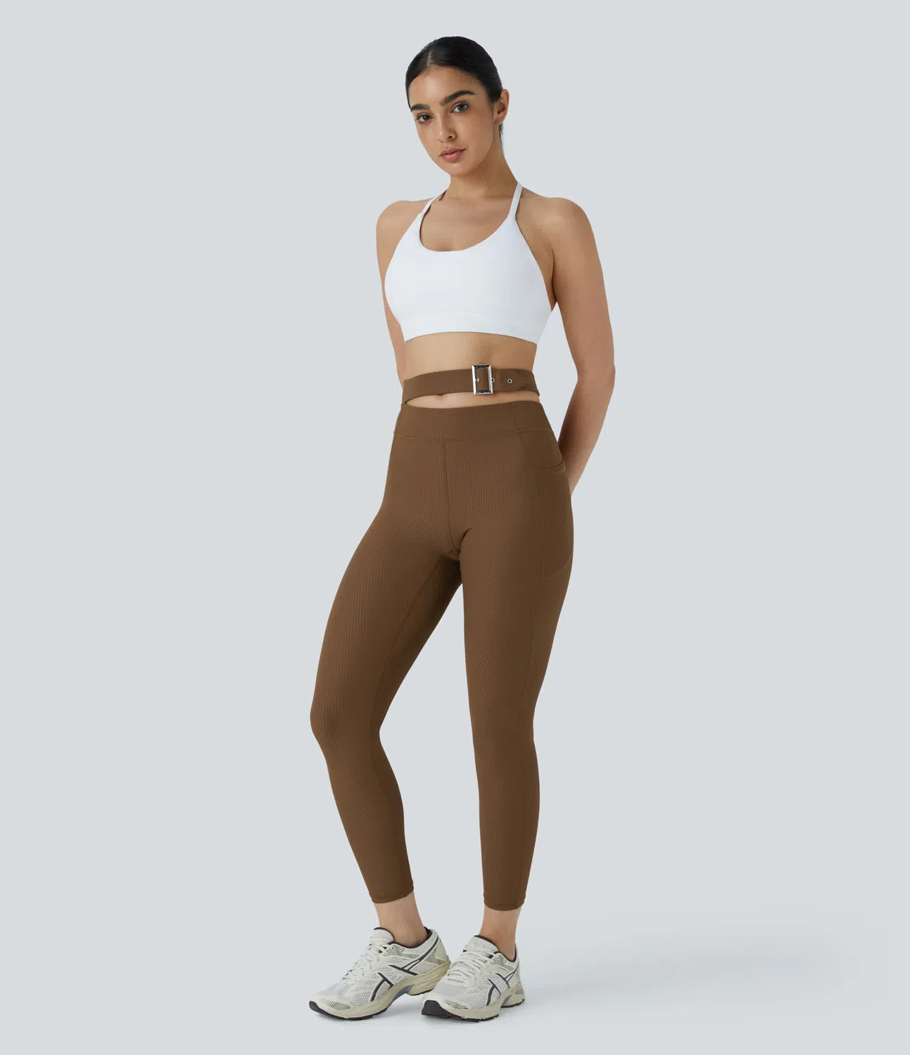 Ribbed Adjustable Buckle High Waisted Side Pocket Yoga Leggings