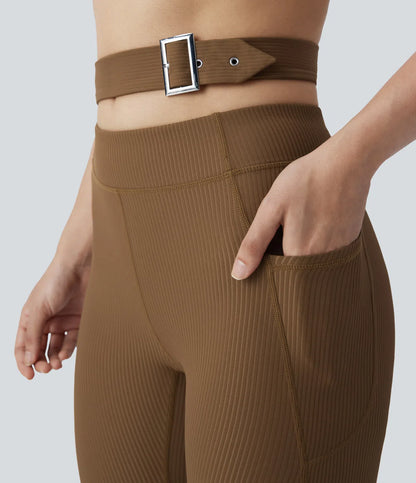 Ribbed Adjustable Buckle High Waisted Side Pocket Yoga Leggings