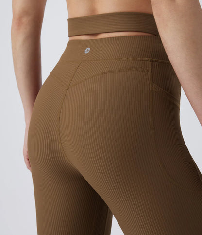 Ribbed Adjustable Buckle High Waisted Side Pocket Yoga Leggings