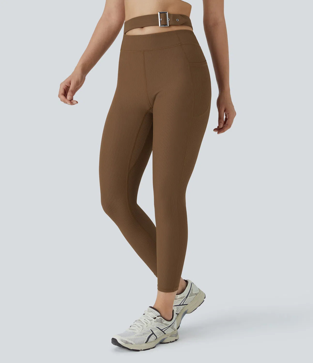 Ribbed Adjustable Buckle High Waisted Side Pocket Yoga Leggings