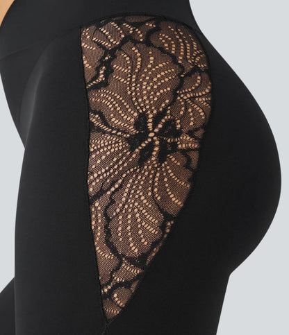 Softlyzero High Waisted Crossover Contrast Lace Yoga 7/8 Leggings-UPF50+