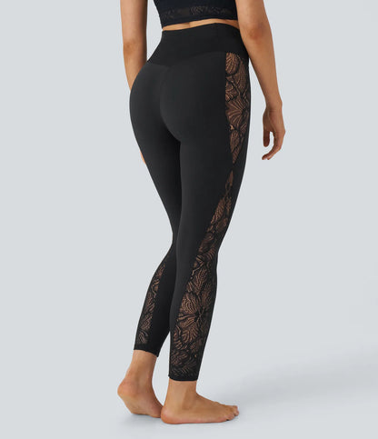 Softlyzero High Waisted Crossover Contrast Lace Yoga 7/8 Leggings-UPF50+