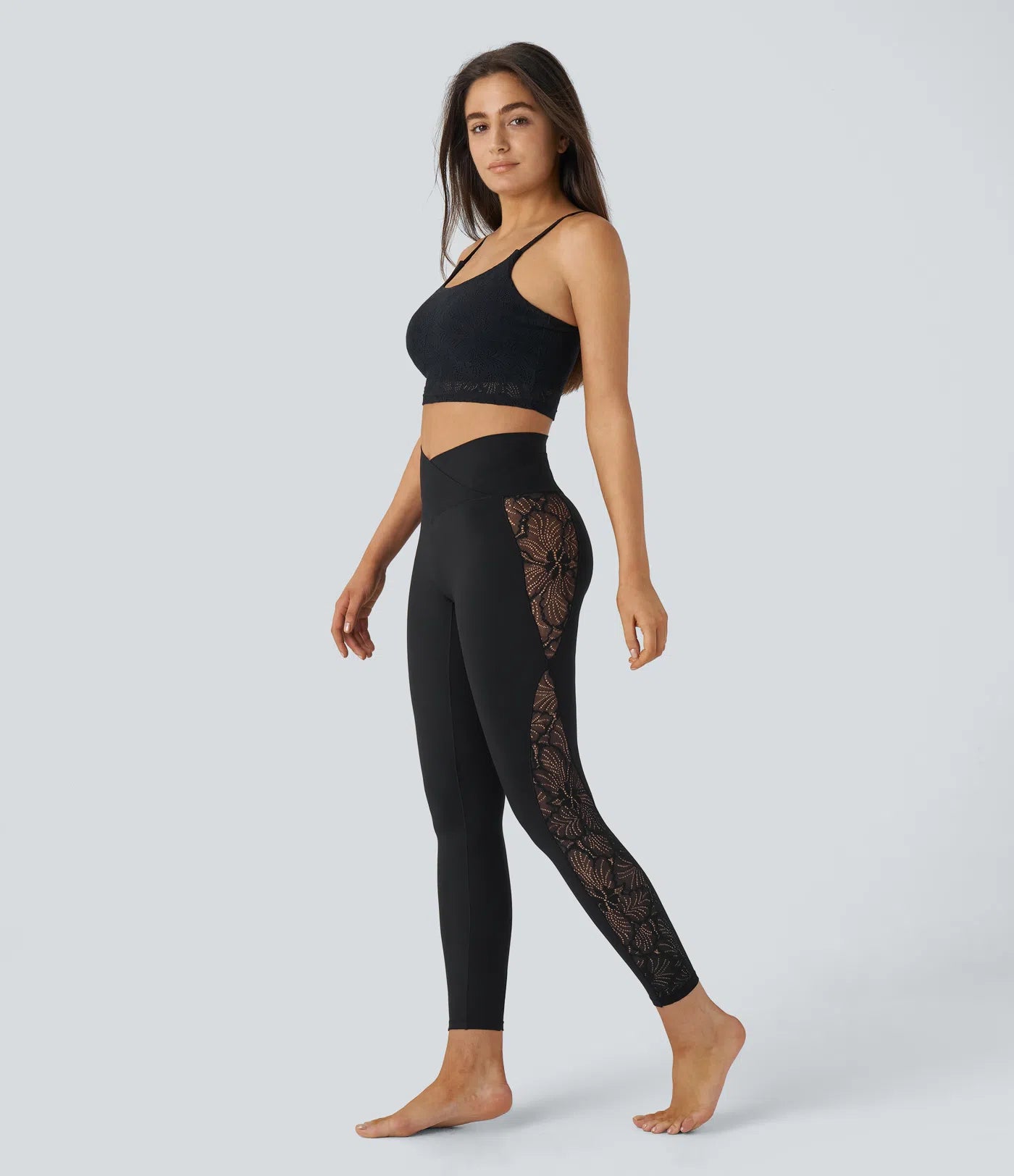 Softlyzero High Waisted Crossover Contrast Lace Yoga 7/8 Leggings-UPF50+
