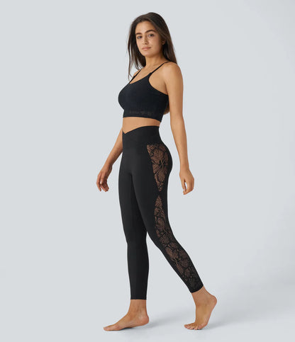 Softlyzero High Waisted Crossover Contrast Lace Yoga 7/8 Leggings-UPF50+