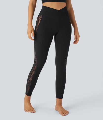 Softlyzero High Waisted Crossover Contrast Lace Yoga 7/8 Leggings-UPF50+