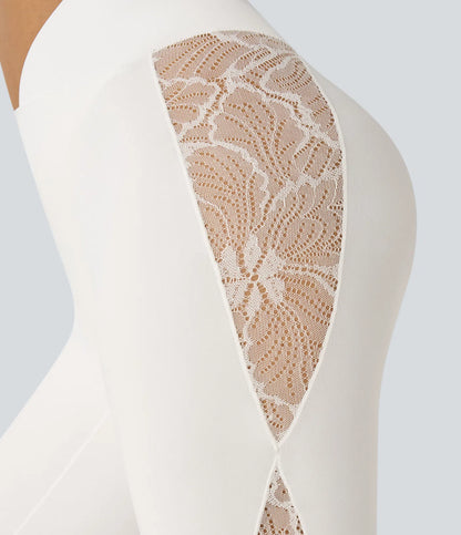Softlyzero High Waisted Crossover Contrast Lace Yoga 7/8 Leggings-UPF50+
