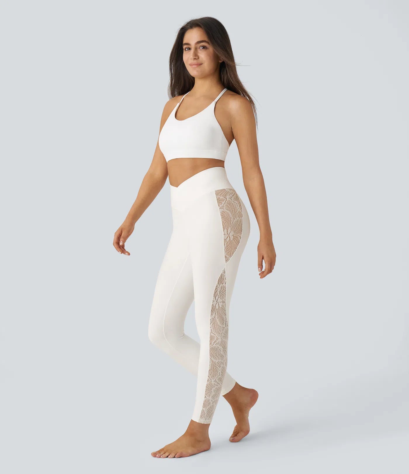 Softlyzero High Waisted Crossover Contrast Lace Yoga 7/8 Leggings-UPF50+