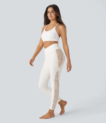 Softlyzero High Waisted Crossover Contrast Lace Yoga 7/8 Leggings-UPF50+
