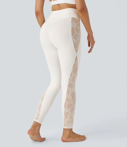 Softlyzero High Waisted Crossover Contrast Lace Yoga 7/8 Leggings-UPF50+