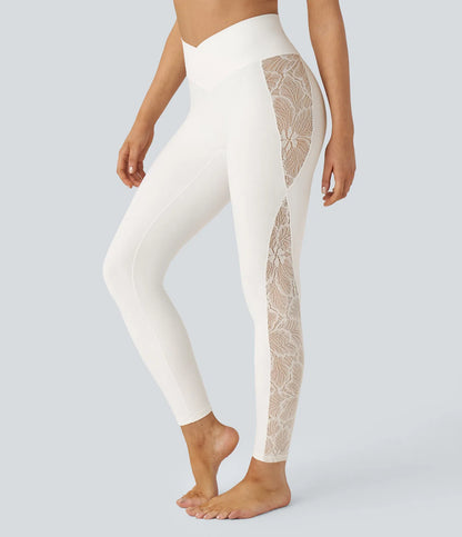 Softlyzero High Waisted Crossover Contrast Lace Yoga 7/8 Leggings-UPF50+