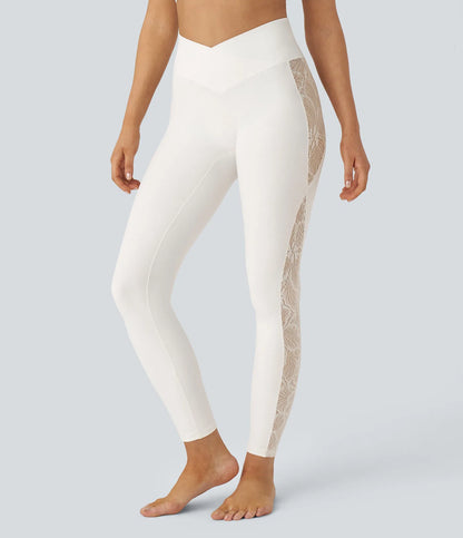 Softlyzero High Waisted Crossover Contrast Lace Yoga 7/8 Leggings-UPF50+